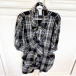 NaraCamicie Womens Black White Plaid Puff Sleeve Unique Lagenlook Pussybow Dress